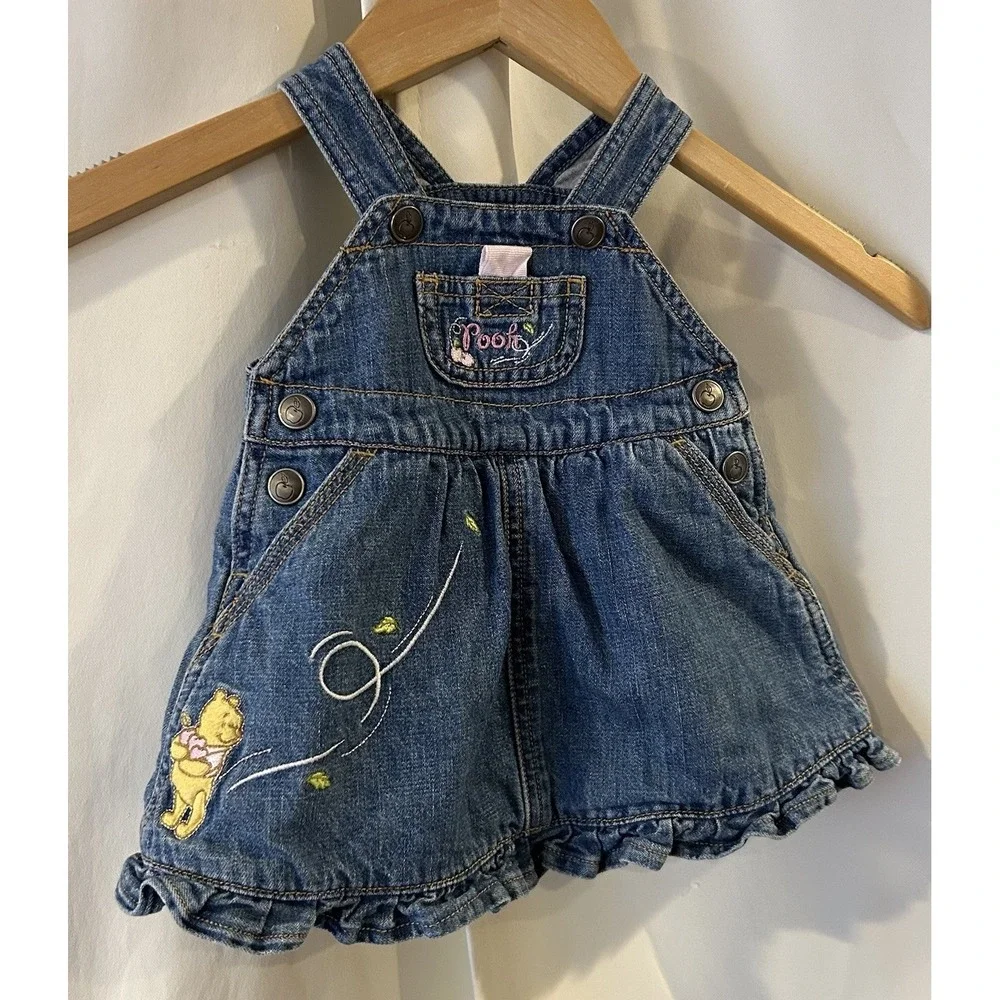 Vtg Winnie The Pooh Embroidered Denim Overalls Dress Sz 0-3 Months Y2K‎
